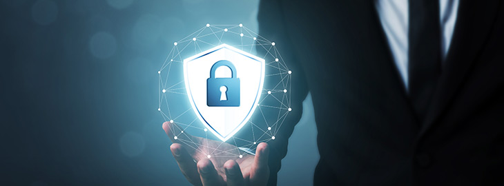 Protection network security computer and safe your data concept, Businessman holding shield protect icon
