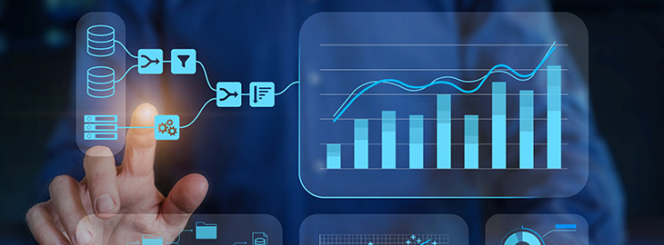 Business analytics and data management system. Data analyst creating insight dashboard with information process workflow