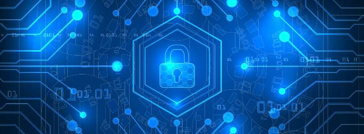 high security and protection by padlock technology abstract background. binary code with circuit lines abstract innovation privacy background