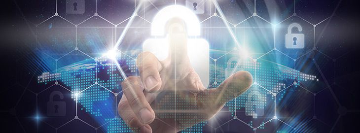 Double exposure of Businessman Hand touching the Security key lock icon digital display over the world map