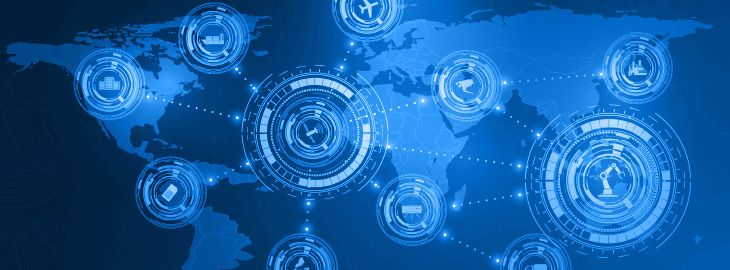 Internet of things (IoT) and networking concept for connected devices. Spider web of network connections with on a futuristic blue background