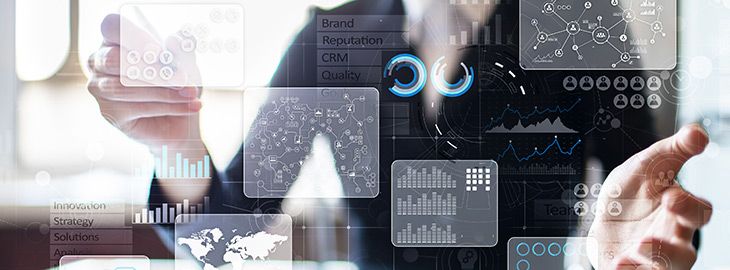 Virtual touch screen. Project management. Data analysis. Hitech technology solutions for business. Development. Icons and graphs background