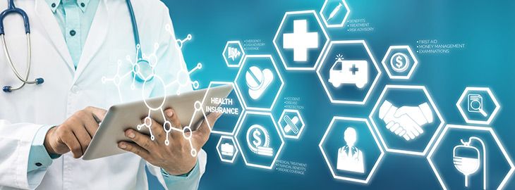 Doctor in hospital with health insurance related icons in modern graphic interface showing symbol of healthcare person, money saving, medical treatment and benefits