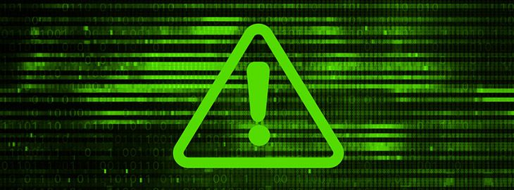 warning sign exclamation point overlaying binary code on computer screen