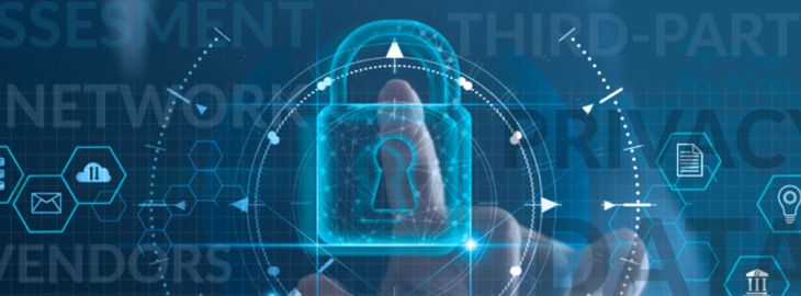 finger tapping digital padlock surrounded by cybersecurity terms and icons