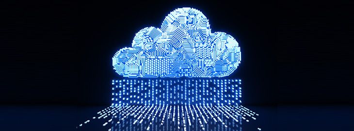 strings of data flowing into digital cloud with circuitry