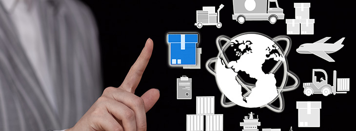 logistics concept, supply chain disruption, finger presses on digital transport icons, online order tracking, delivery and receipt of goods, boxes, forklift, delivery van, airplane
