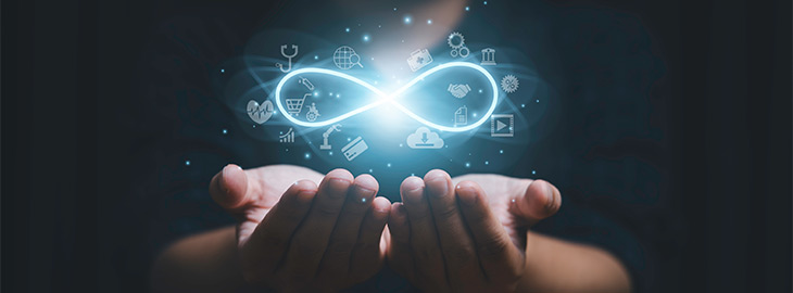 infosec compliance engineer holding glowing infinity symbol surrounded by GRC related icons