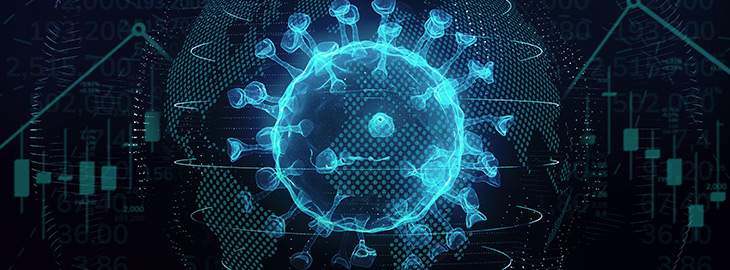 Digital coronavirus in the earth around graphics which shows situation on market on dark background