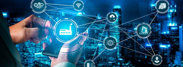 Industry 4.0 technology concept - Smart factory for fourth industrial revolution with icon graphic showing automation system