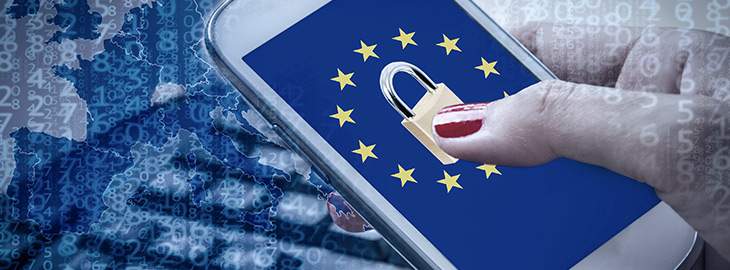 woman tapping lock icon surrounded by EU stars on smartphone
