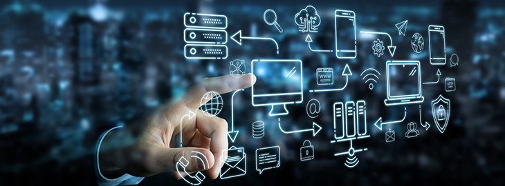 Businessman on blurred background using tech devices and icons thin line interface