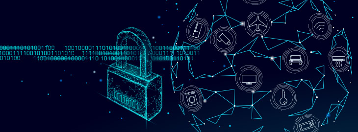 binary data from multiple digital devices flowing through security padlock