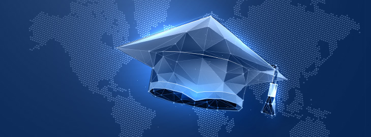 Academy graduate hat in digital futuristic style. Online education concept on world map background