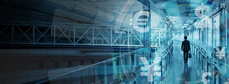 finance technology (fintech) and world economy icons overlaying a businessman walking down a narrow hallway