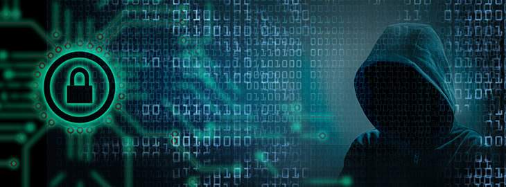 hooded hacker with binary code and circuitboard graphic