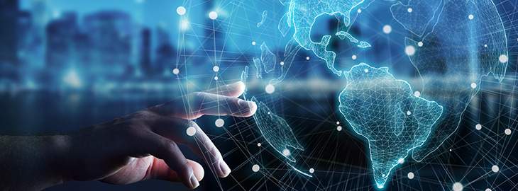 Businesswoman on blurred background using USA world map interface 3D rendering