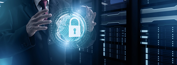 infosecurity officer holding a digital rendition of the Earth with padlock in a server room