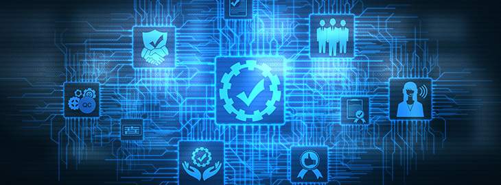 Quality Assurance and Quality Control Concept - Modern graphic interface showing certified standard process