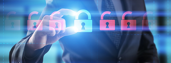 businessman touching a virtual padlock