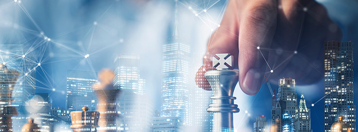 businessman moving chess piece in digital data hologram ambience