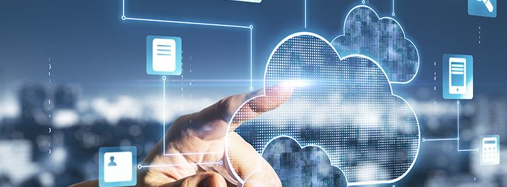 Cloud service concept with man finger touching digital screen with cloud service application icons at abstract city background
