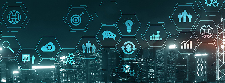 system organization control icons overlaying cityscape at night