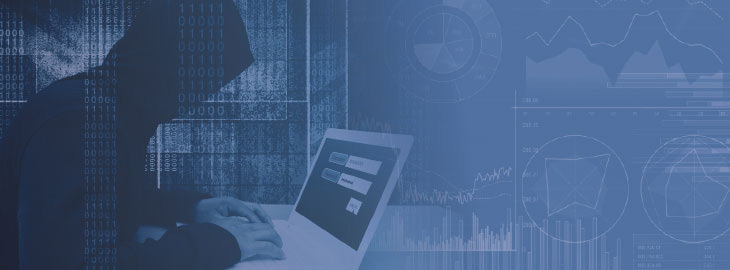 hacker typing on a laptop with digital graphs and metrics overlay