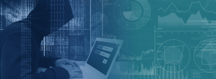 hacker typing on a laptop with digital graphs and metrics overlay
