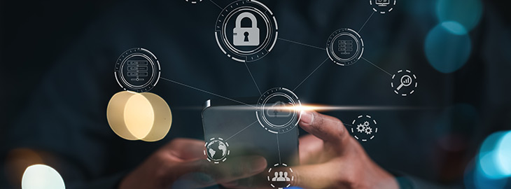 cybersecurity engineer tapping security icons on interactive touchscreen