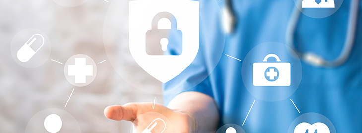 Doctor pushing button locked shield virus security virtual healthcare network medicine