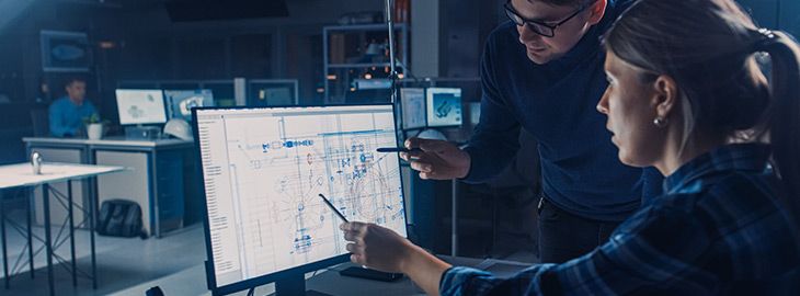 Engineer Working on Desktop Computer, Screen Showing CAD Software with Technical Blueprints