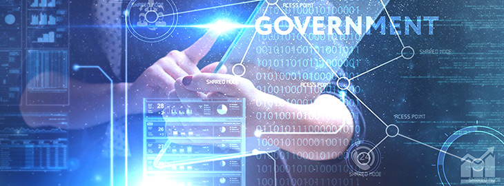 businesswoman interacting with technology surrounding government