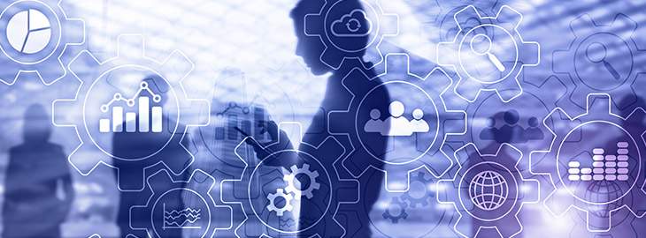 Workflow and automation technology abstract diagram with gears