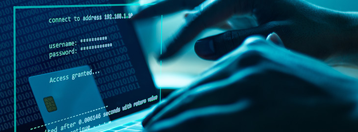 The concept of credit card theft. Hackers with credit cards on laptops use these data for unauthorized shopping.