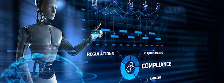 Compliance concept. Robot pressing button on screen 3d render