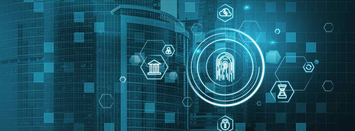 Abstract glowing id fingerprint web protection and security interface on blurry blue bokeh city background with mock up place. Identification, cybersecurity and privacy concept.