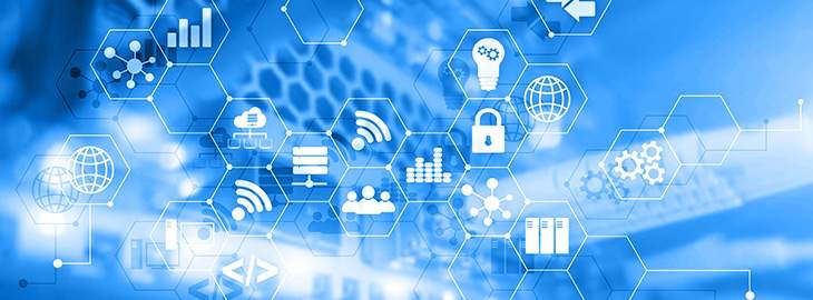 Digital concept internet of things information and telecommunication technology. Double exposure icons and server room background