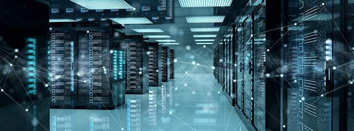 Connection network in dark servers data center room storage systems 3D rendering
