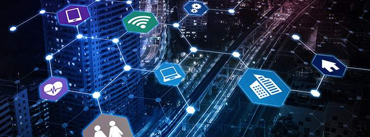 digital network endpoints overlaying city at night