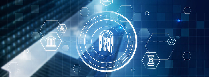 Abstract glowing id fingerprint web protection and security interface on blurry blue bokeh city background. Identification, cybersecurity and privacy concept.