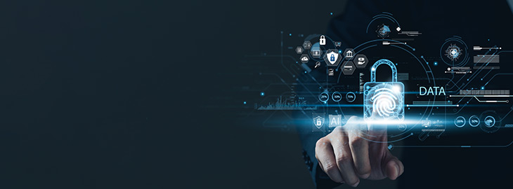 Businessman using fingerprints to access business information, biometric identification and cybersecurity network, digital cybercrime anti-crime technology innovation, data protection privacy concept