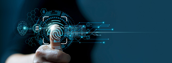 Businessman using fingerprint indentification to access personal data.