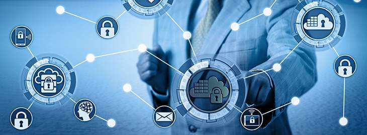businessman exploring cyber risk management options connected nodes
