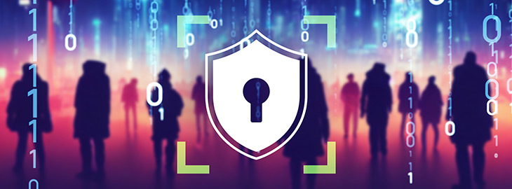 cyber security shield and lock overlaying human silhouettes in cyberspace