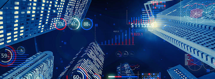 Modern buildings and financial charts. Financial technology. FinTech.