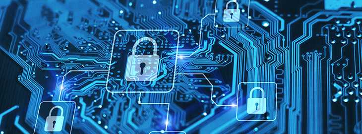 Cyber security and protection of private information and data concept. Locks on blue integrated circuit. Firewall from hacker attack.