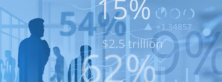 business people surrounded by information metrics