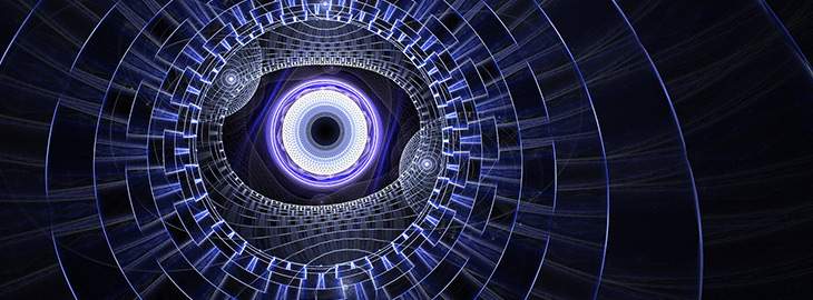 security camera eye peering through a spatial vacuum