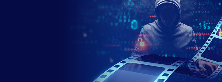 hooded hacker typing on keyboard with film reel and code overlay